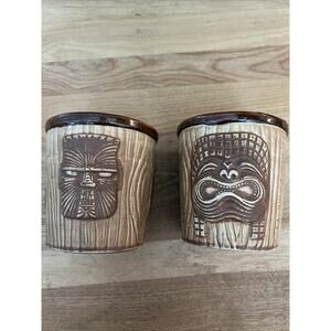 Set Of 2 Vintage Otagiri 3 Faced Tiki Mugs Rum Buckets Cups Stoneware 18 oz